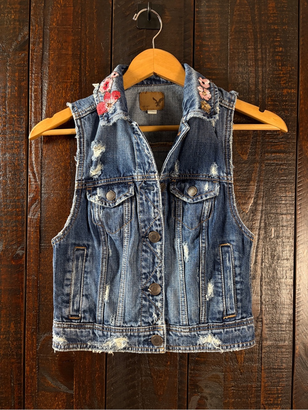 American Eagle Boho Embroidered Distressed Denim Vest XS